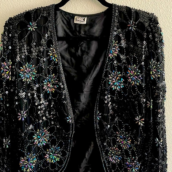 VINTAGE DESIGNER SKC 100% Silk Sequin & Beaded Floral Puff Crop Jacket GATSBY - Picture 2 of 10